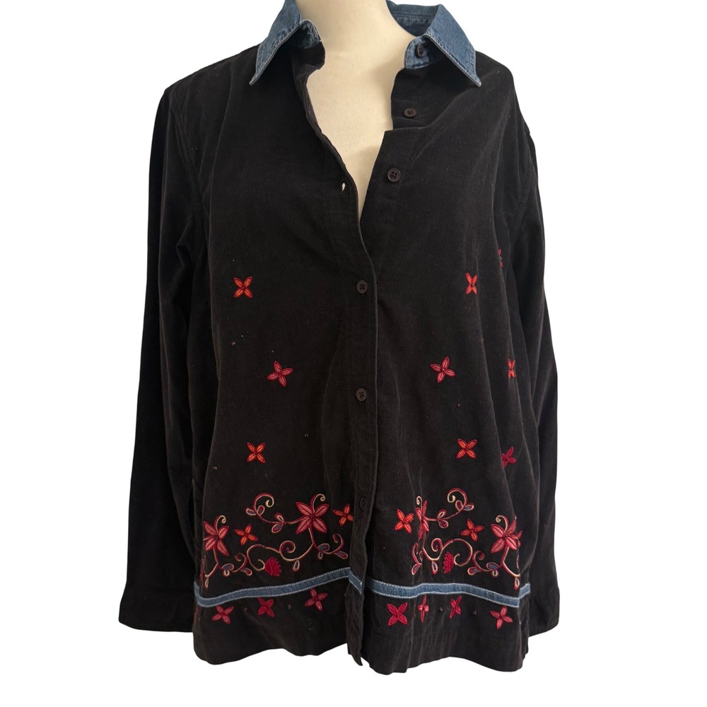 Cabin Creek Womens Black Corduroy Embroidered Floral Shirt‎ Denim Collar PL